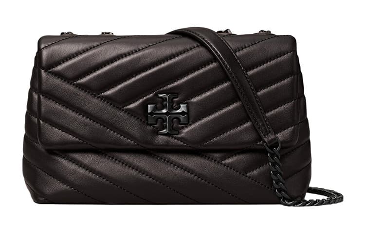 TORY BURCH Kira Chevron Powder Coated Small Convertible Shoulder Bag Black/Silver