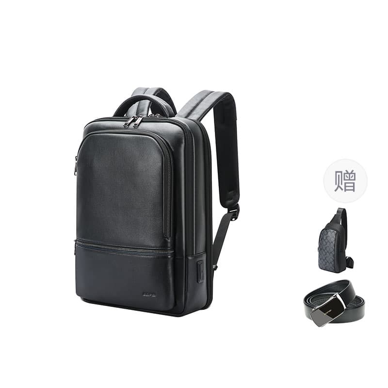 BOPAI Top Grain Cow Leather Laptop Bag Backpack Regular Men's Black