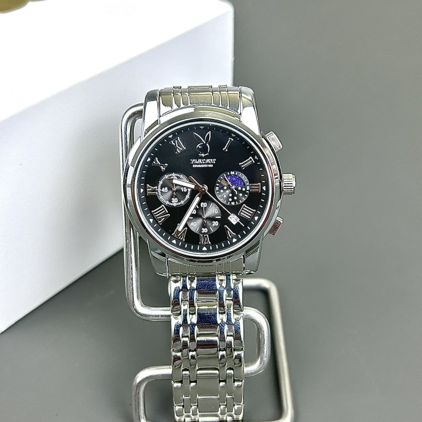 Мужские часы Playboy с кварцевым механизмом из нержавеющей стали, ремешок для часов, черный циферблат