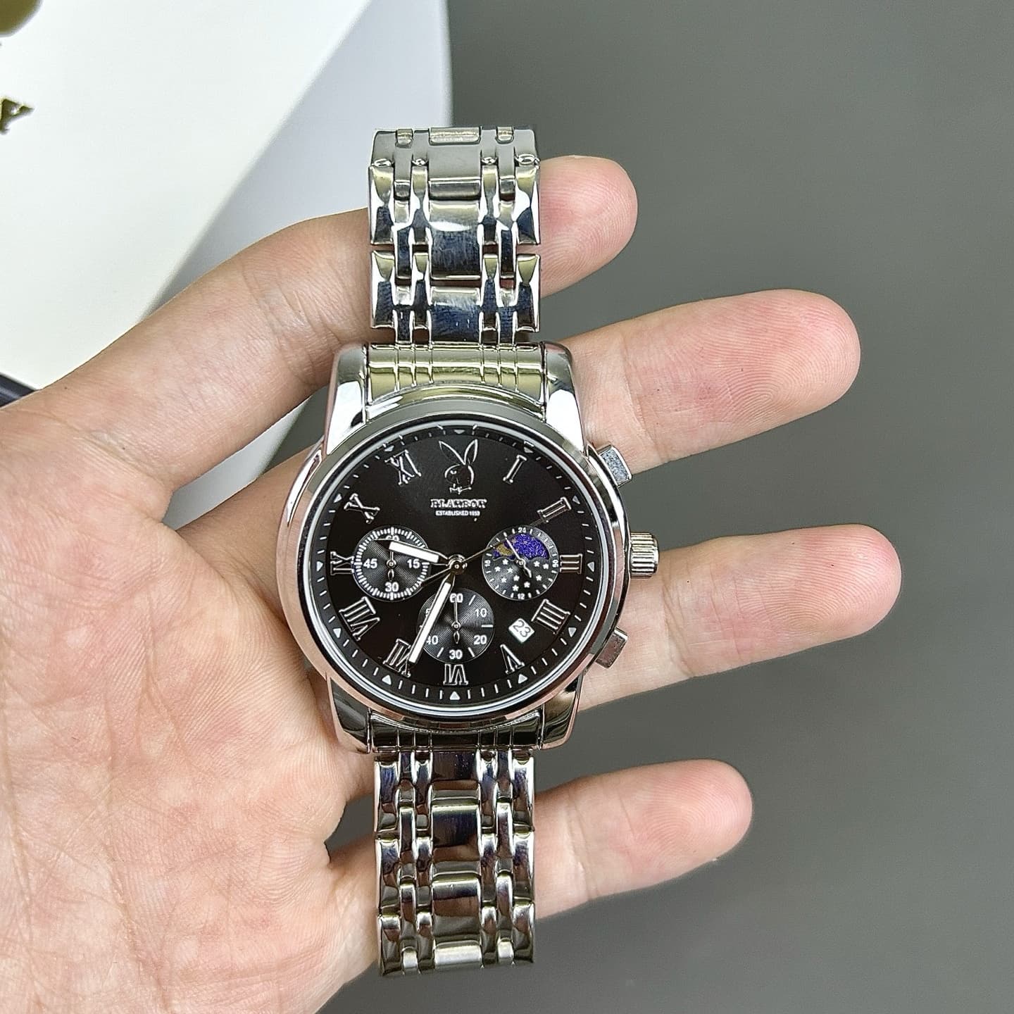 Мужские часы Playboy с кварцевым механизмом из нержавеющей стали, ремешок для часов, черный циферблат