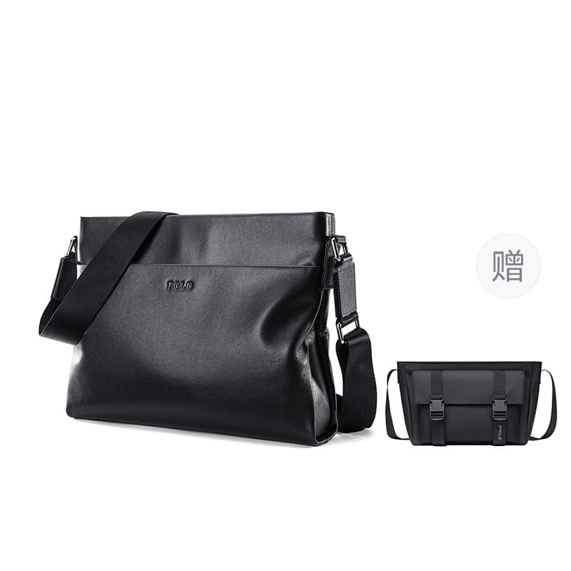 POLO Top Grain Cow Leather Shoulder Bag Large Men's Black
