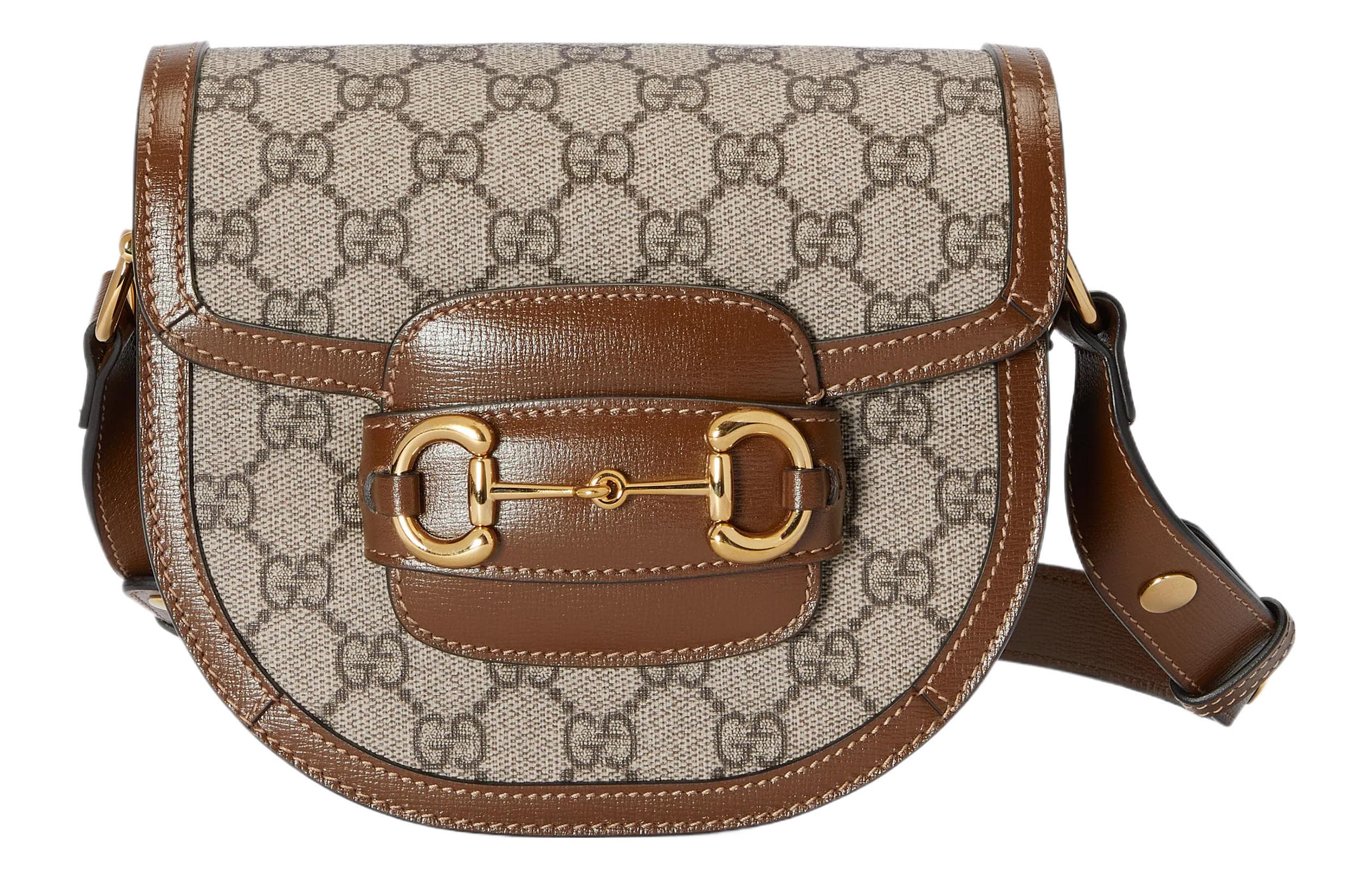 GUCCI Horsebit 1955 Canvas With Leather Trim Canvas Bag, Saddle Bag, Flap Bag Shoulder Bag Mini Unisex Brown