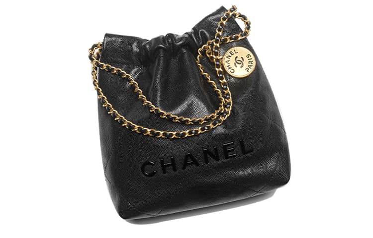 Сумка CHANEL 22 из блестящей телячьей кожи с тиснением и металлом, сумка-мешок, сумка через плечо, мини-сумка через плечо, женская мини-черная