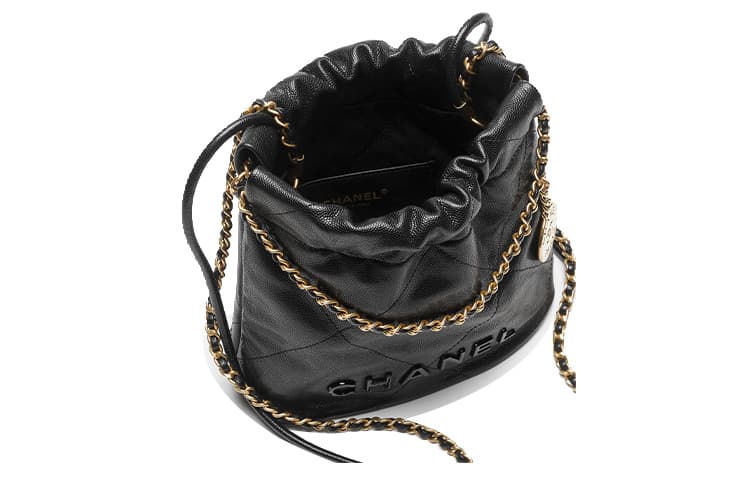 Сумка CHANEL 22 из блестящей телячьей кожи с тиснением и металлом, сумка-мешок, сумка через плечо, мини-сумка через плечо, женская мини-черная