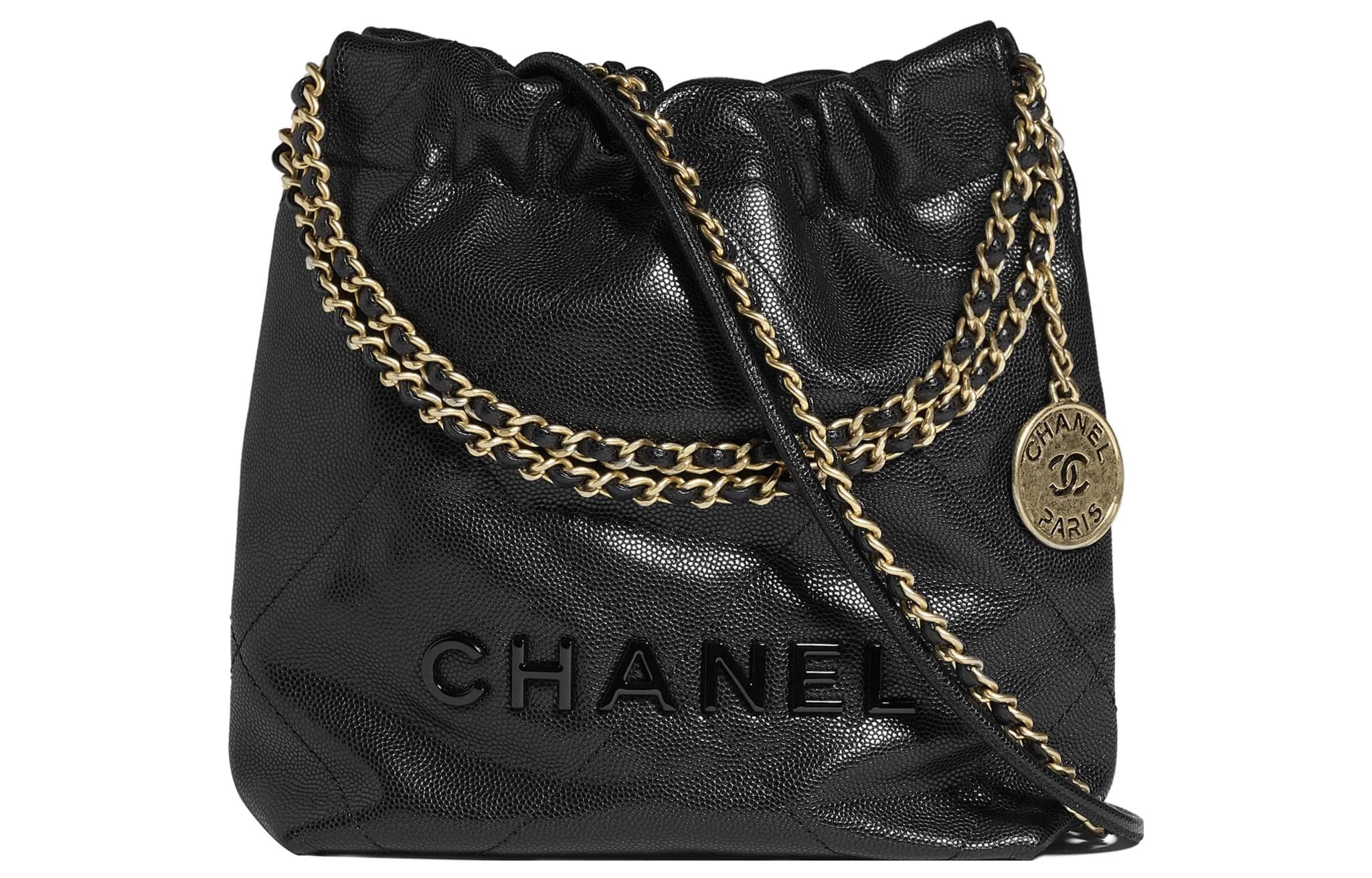 CHANEL 22Bag Shiny Grain Embossed Calfskin & Metal Bucket Bag, Shoulder Bag, Crossbody Bag Mini Women's Black