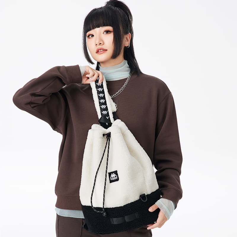 Каппа Сумка-ведро из полиэстера с завязками из овечьей шерсти Текстурная сумка через плечо Сумка-слинг Большая унисекс Корейская белая