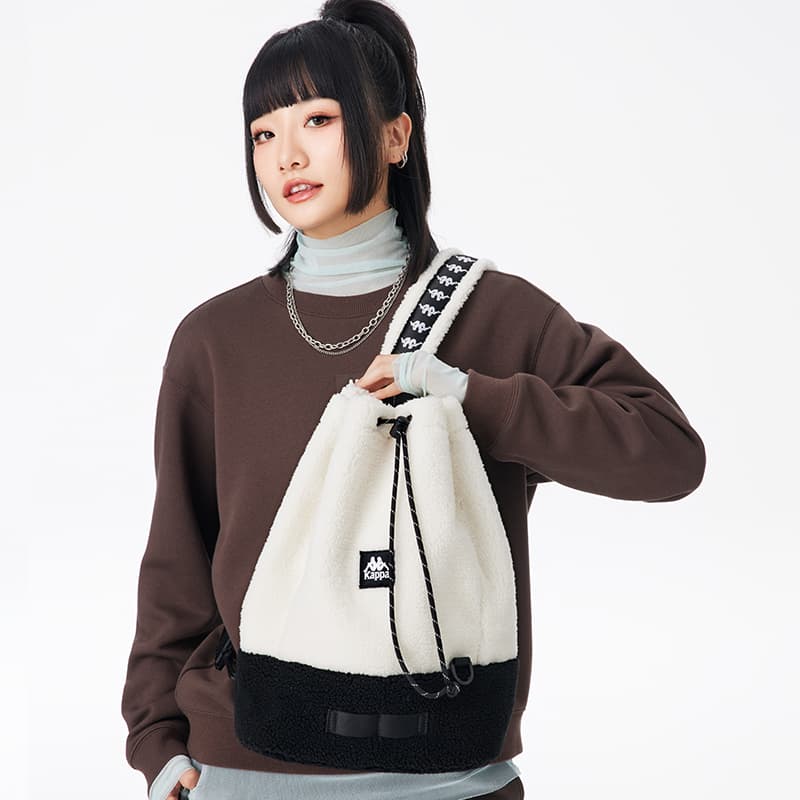 Каппа Сумка-ведро из полиэстера с завязками из овечьей шерсти Текстурная сумка через плечо Сумка-слинг Большая унисекс Корейская белая