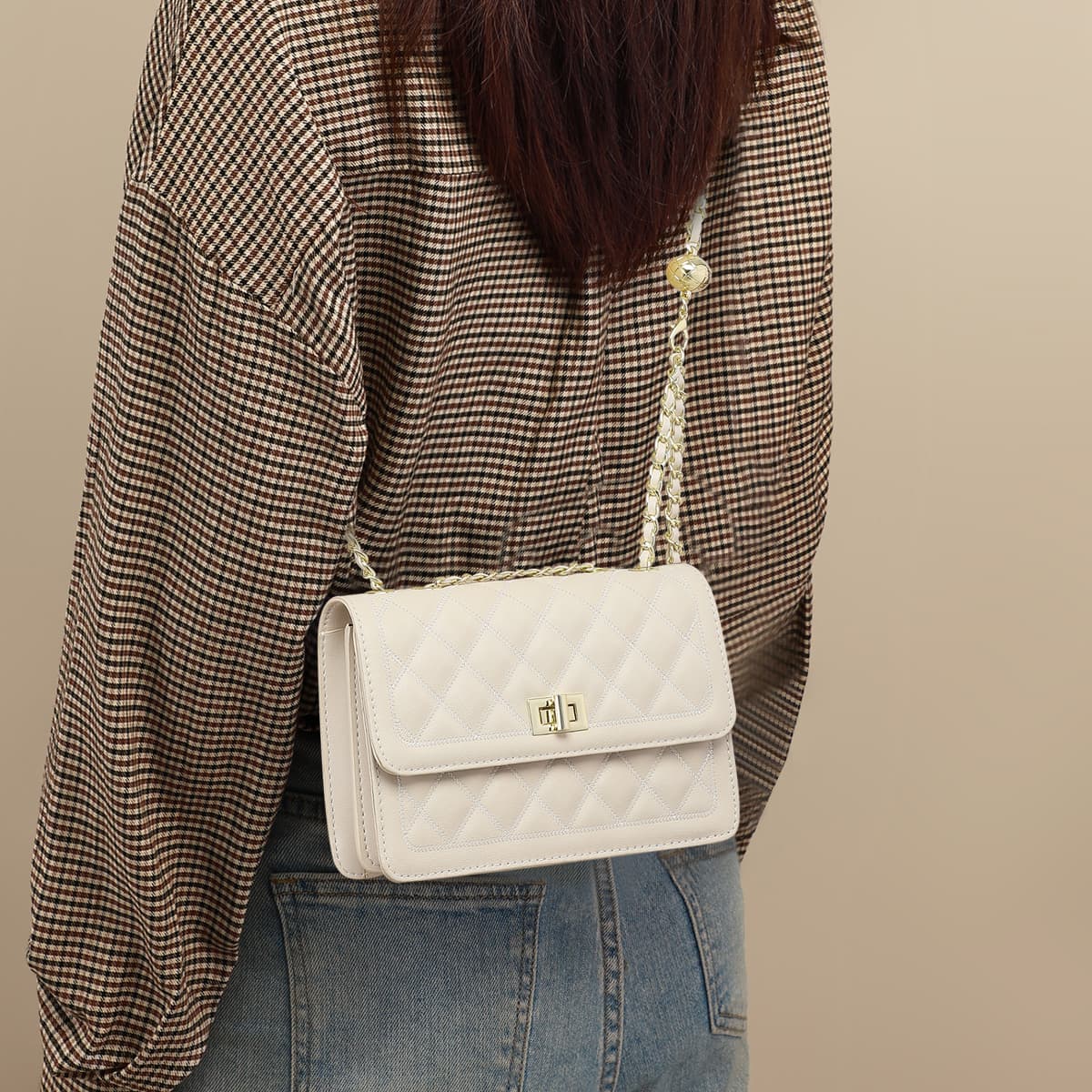 C°BANNER Небольшая квадратная сумка из спилка коровьей кожи из синтетической кожи, сумка на плечо с цепочкой, обычная женская, экрю/черный