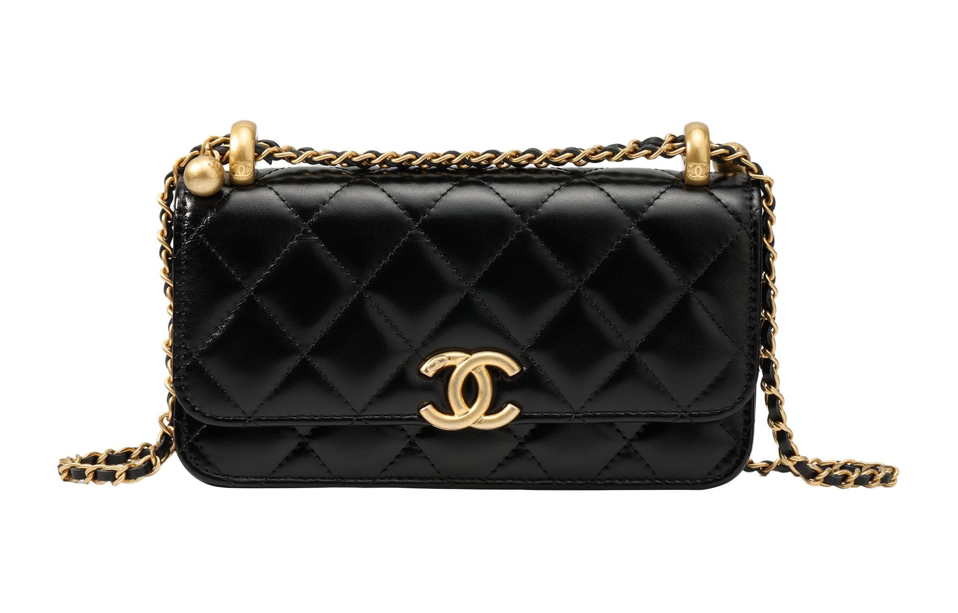 CHANEL Shiny Calfskin Shoulder Bag, Crossbody Bag, Cell Phone Pouch Women's Black