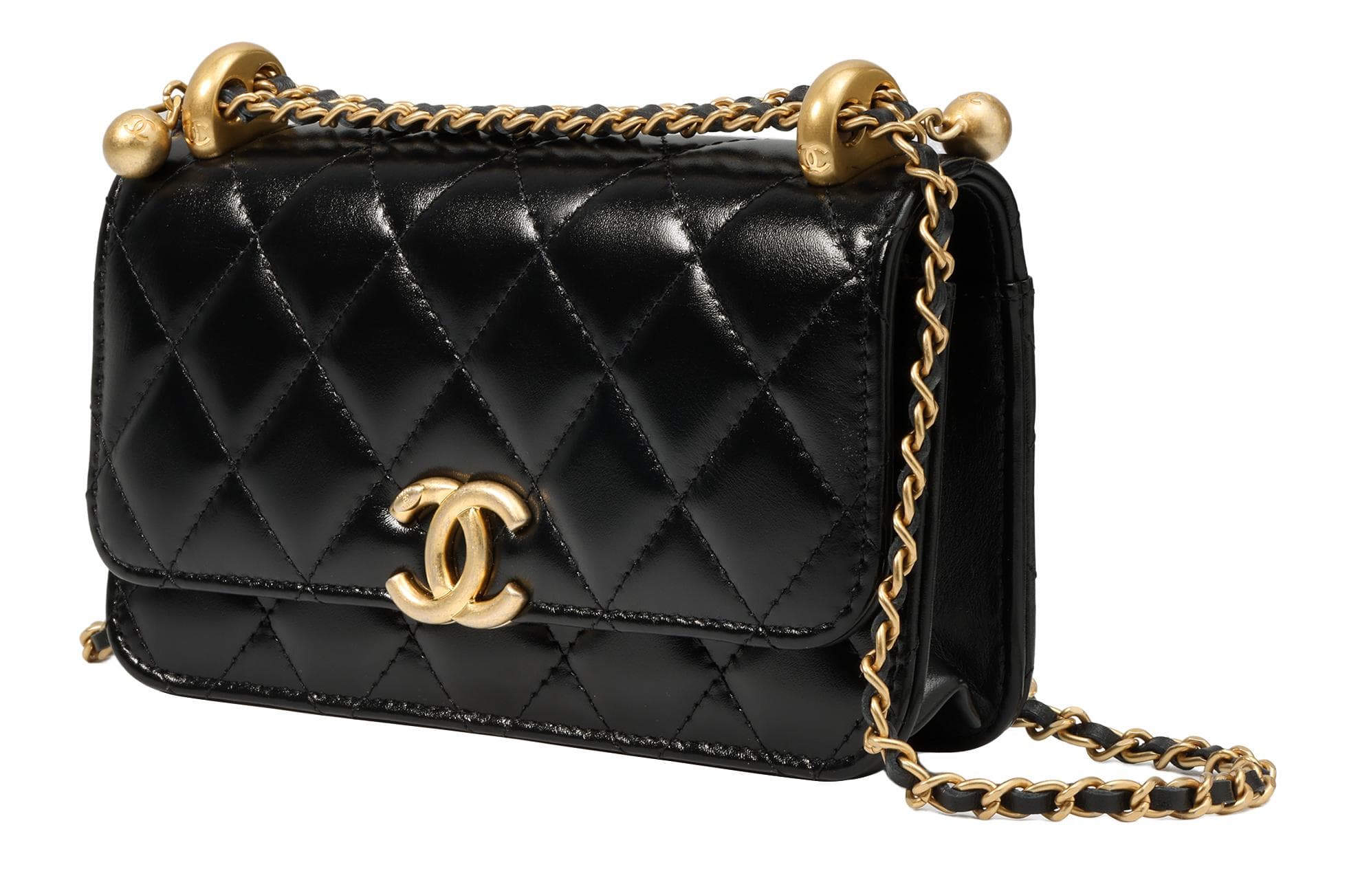 Женская сумка через плечо CHANEL из блестящей телячьей кожи, сумка через плечо, чехол для мобильного телефона черного цвета