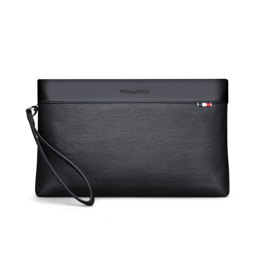WilliamPOLO Top Grain Cow Leather Envelope Bag, Clutch Tubas Men's Black