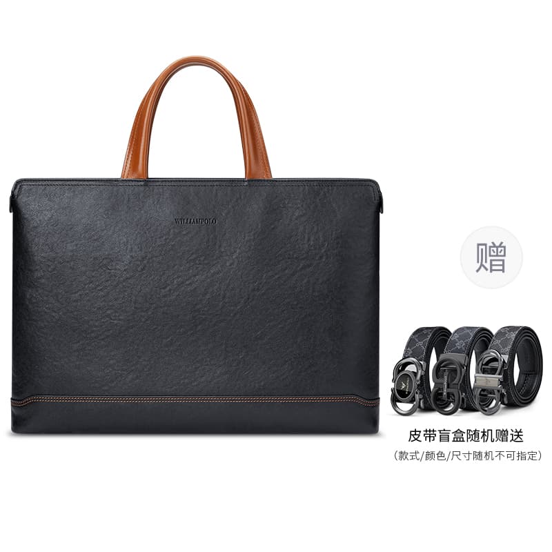 WilliamPOLO Top Grain Cow Leather Handbags Briefcases Regular Men's Black