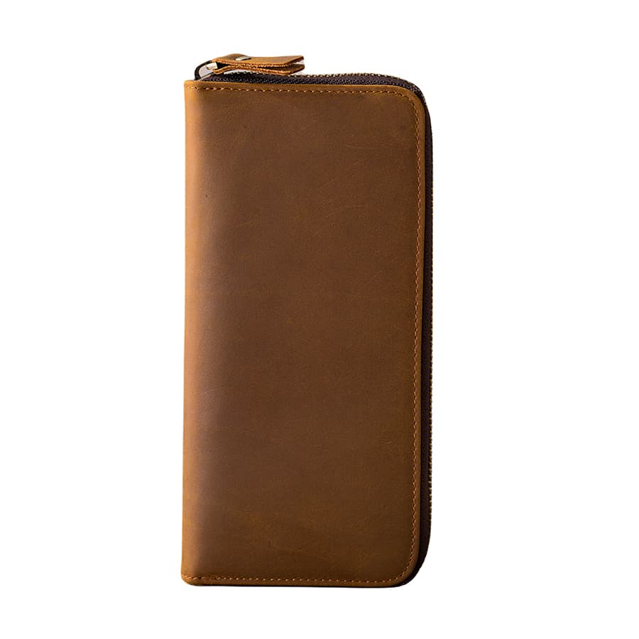 Back Step Top Grain Cow Leather Genuine Leather Long Wallet Clutch Regular Unisex Coffee/Light Brown