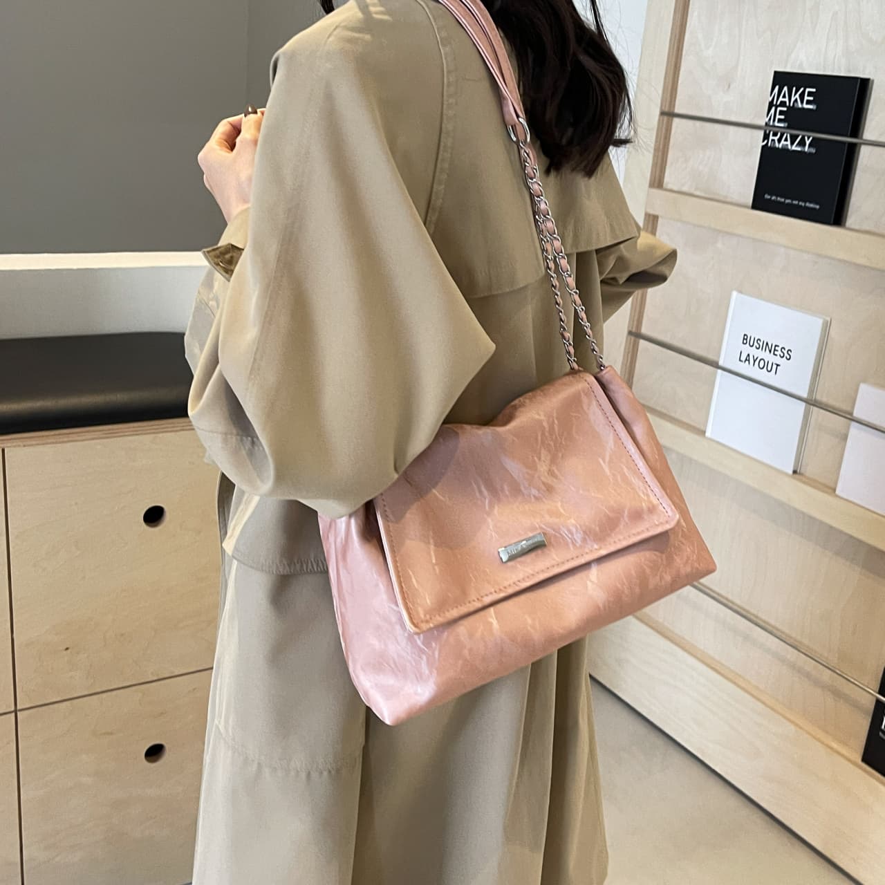 PINK·LAND Женская сумка через плечо из искусственной кожи Черный/Экрю/Серый/Розовый/Хаки