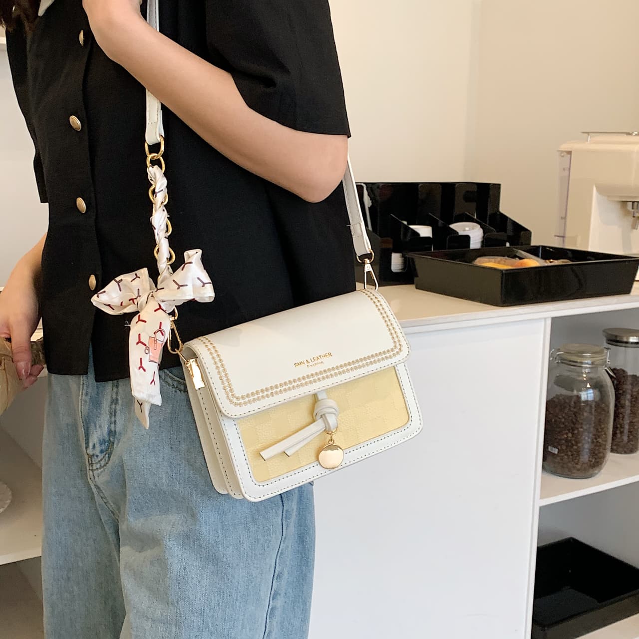 PINK·LAND Сумка на плечо из искусственной кожи Обычная женская Черный/Желтый/Темно-коричневый/Зеленый/Синий