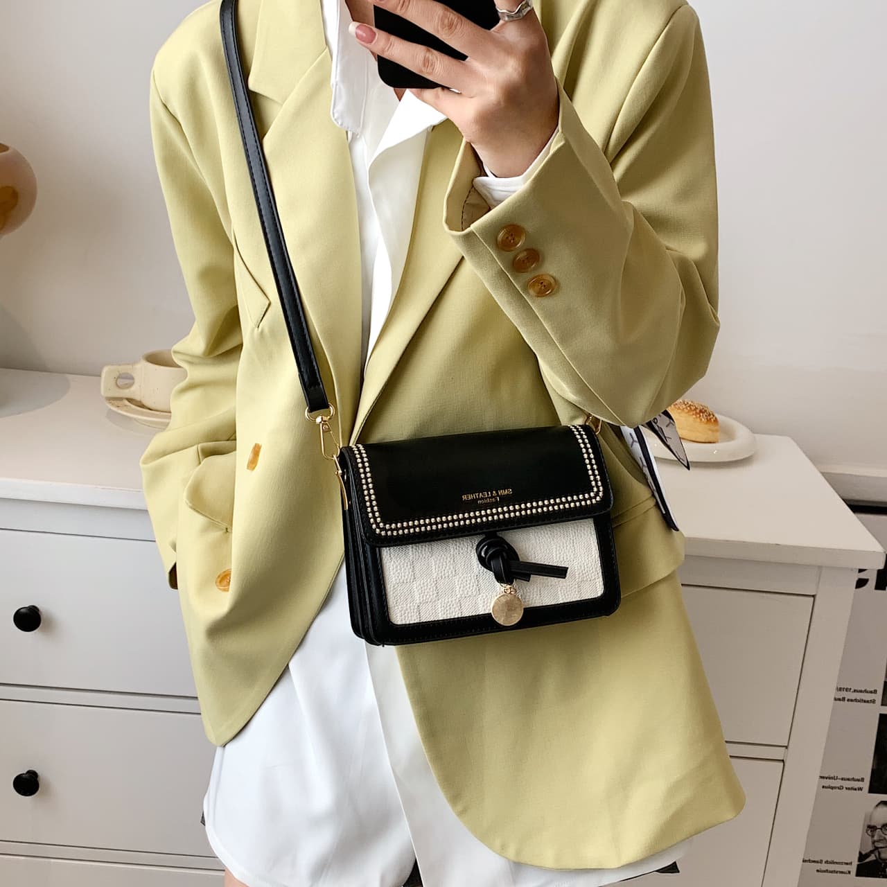 PINK·LAND Сумка на плечо из искусственной кожи Обычная женская Черный/Желтый/Темно-коричневый/Зеленый/Синий