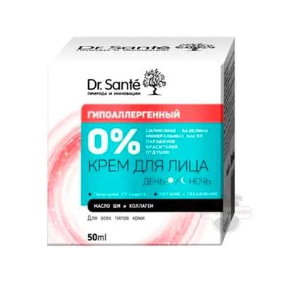 Ýüz üçin krem Dr. Sante "Gipoallergen" iýmitlendiriji we nemlendiriji, 50 ml