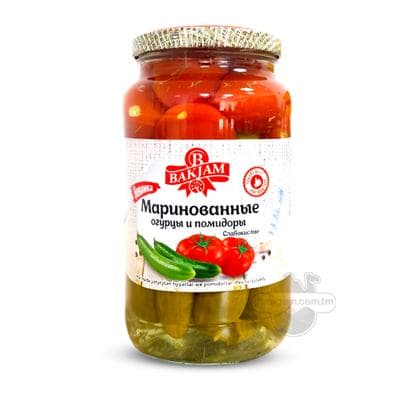Marinada ýatyrylan hyýar we pomidor "Bakjam", 1000 ml
