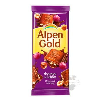 Шоколад Alpen Gold молочный с фундуком и изюмом, 85 гр