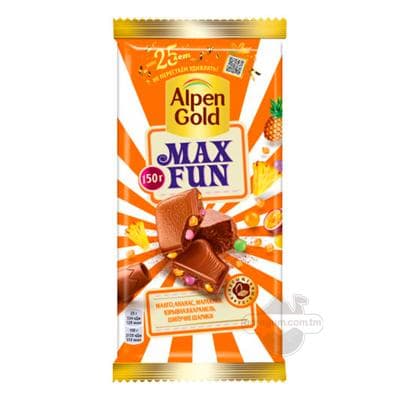 Şokolad Alpen Gold "Max Fun" mango, ananas, marakuýa, karamelli we ýarylýan şarjagazly, 150 gr