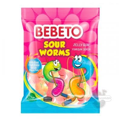 Çeýnelän marmelad Bebeto "Sour Worms" miwe şireli we tagamly, 80 gr